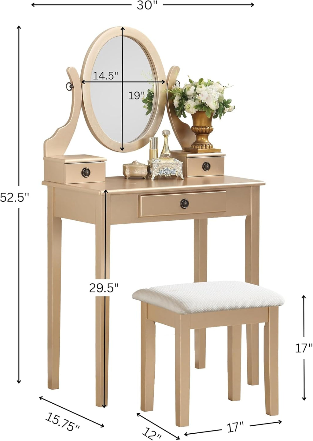 Roundhill Furniture Moniys Wood Moniya Makeup Vanity Table and Stool Set, Gold