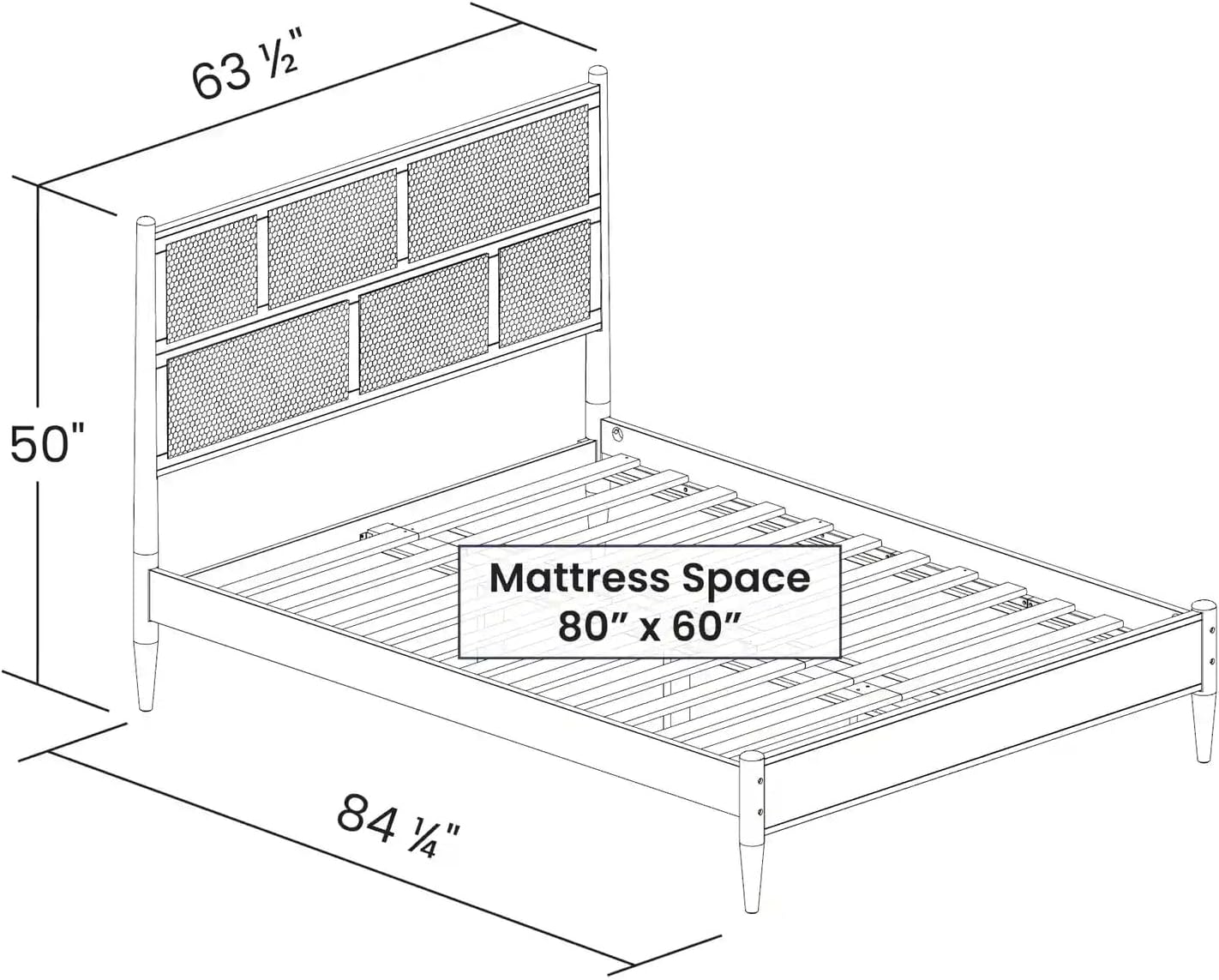 Grain Wood Furniture Mid Century Cane Solid Wood Queen Size Bed with a Brushed Walnut Finish