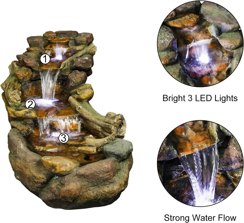 Naturefalls 39' Length Outdoor Rock Water Fountain with LED Lights - 3-Tiers Poly-Resin Cascading Waterfall Fountain for Garden, Patio, Yard, Home Decor