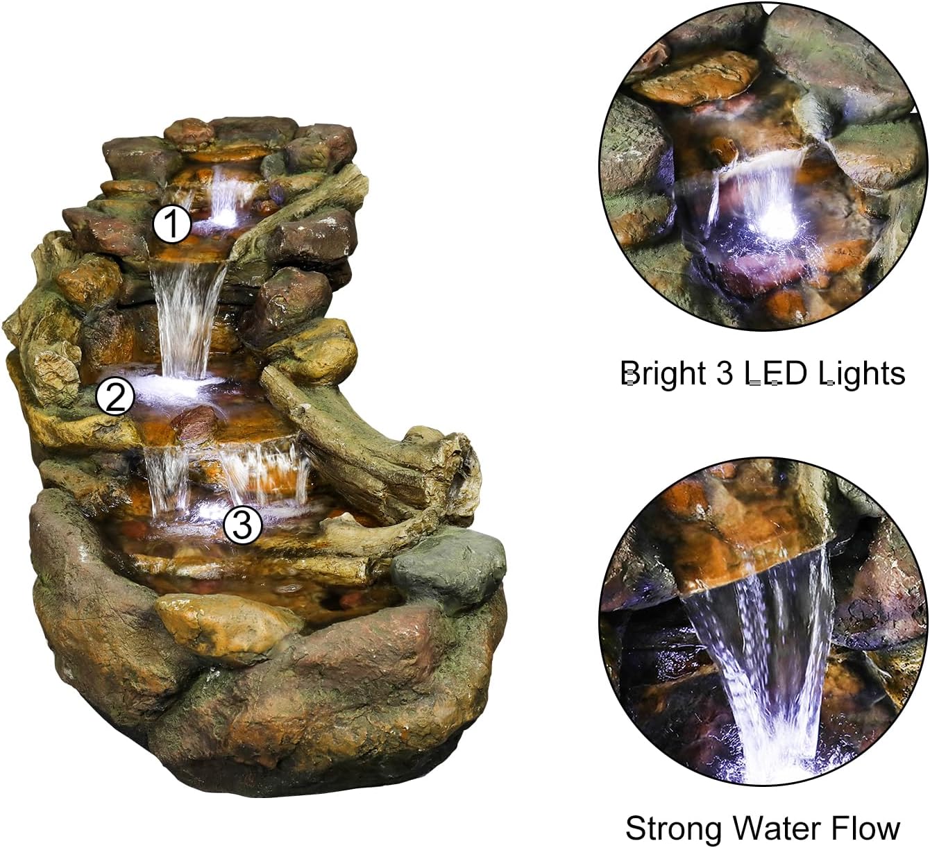 Naturefalls 39' Length Outdoor Rock Water Fountain with LED Lights - 3-Tiers Poly-Resin Cascading Waterfall Fountain for Garden, Patio, Yard, Home Decor