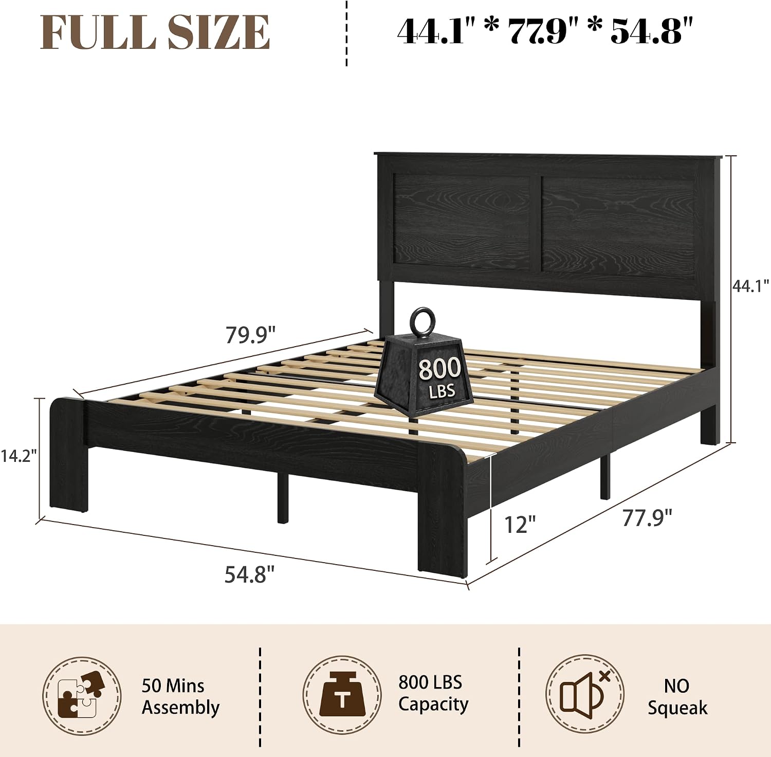 QNICE Wooden Bed Frame Full Size with Headboard - Farmhouse Platform Bed Frame, Wood Slat Support, No Box Spring Needed & Easy Assembly with Large Under Bed Storage (Rustic Black)