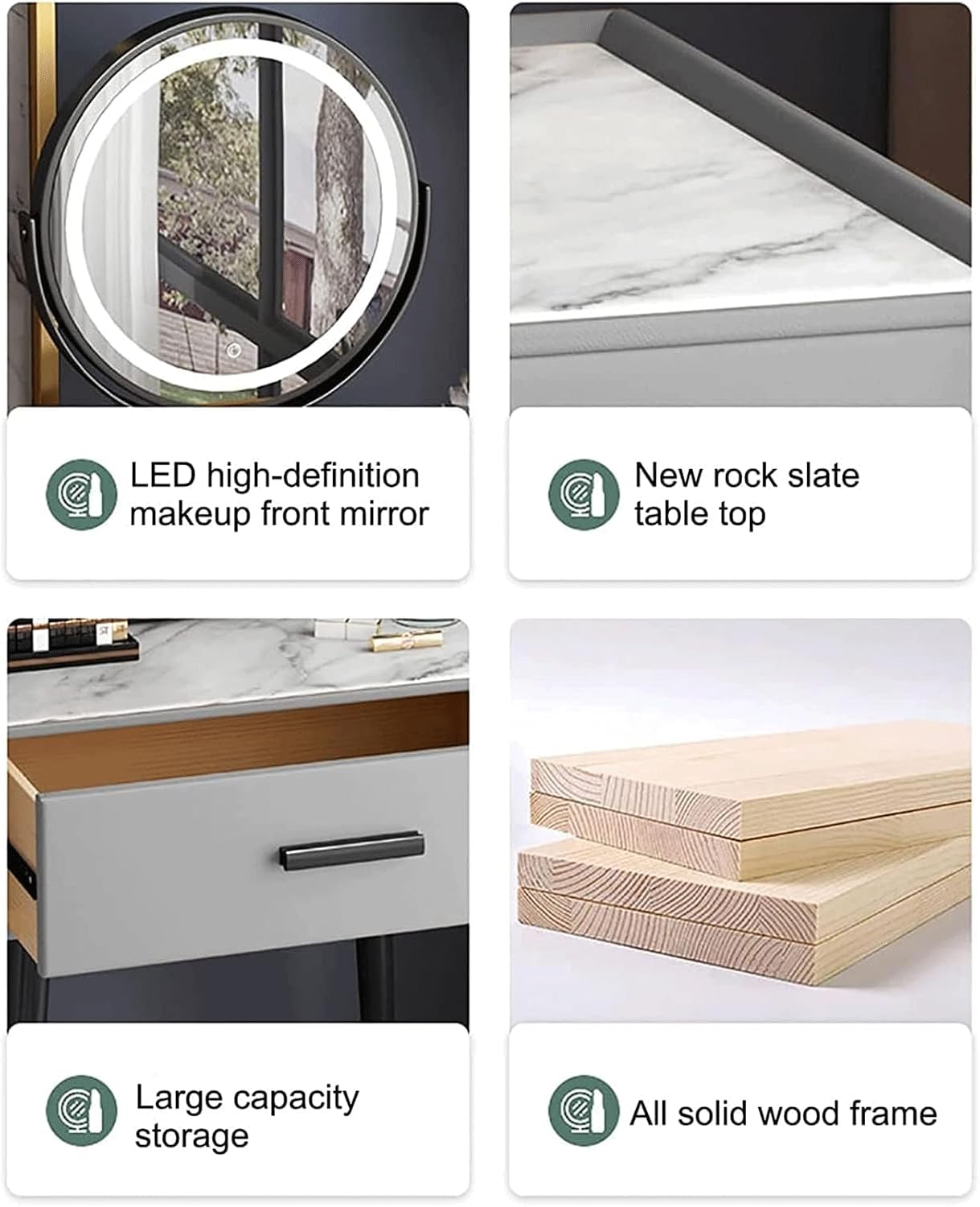 Rieort Makeup Table Cushioned Stool Vanity Benches with Led Lighted Mirror Dressing Table Large Drawers Nightstand Vanity Table Set