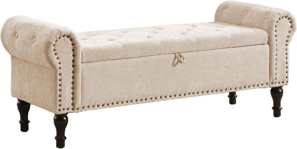 51' Storage Bench for Bedroom, Chenille End of Bed Bench, Queen Size Bench with Rolled Arms, Tufted Storage Ottoman Benches, Upholstered Bench for Bedroom, Living Room, Entryway, Camel