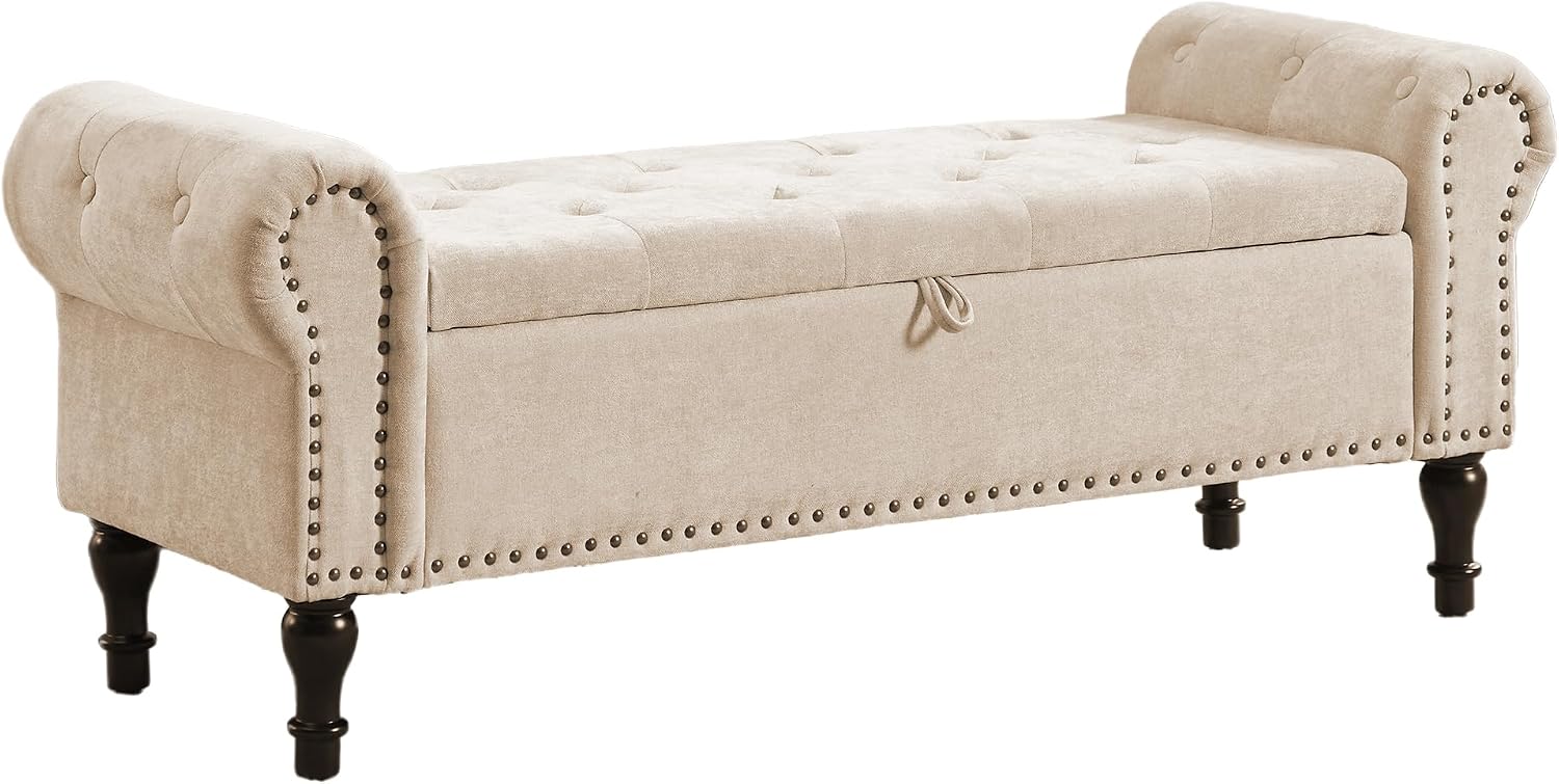 51' Storage Bench for Bedroom, Chenille End of Bed Bench, Queen Size Bench with Rolled Arms, Tufted Storage Ottoman Benches, Upholstered Bench for Bedroom, Living Room, Entryway, Camel