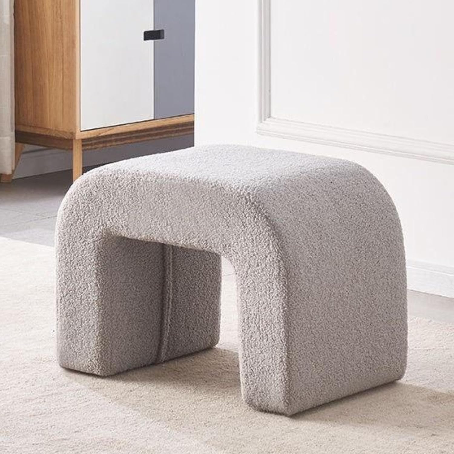 Gray,Small, Fuzzy Sherpa Upholstered Ottoman Bench, Ottoman Bench End of Bed, Modern Upholstered Bench, Modern Fabric Arched Bench, Vanity Bench Stools for Living Room Bedroom Entryway