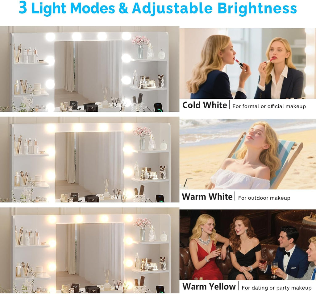 Karl home Fluted Vanity Desk with Mirror and Lights in 3 Modes and Charging Station, Makeup Vanity Table Set with 7 Drawers & Storage Shelves, Dressing Table with Chair for Bedroom, White