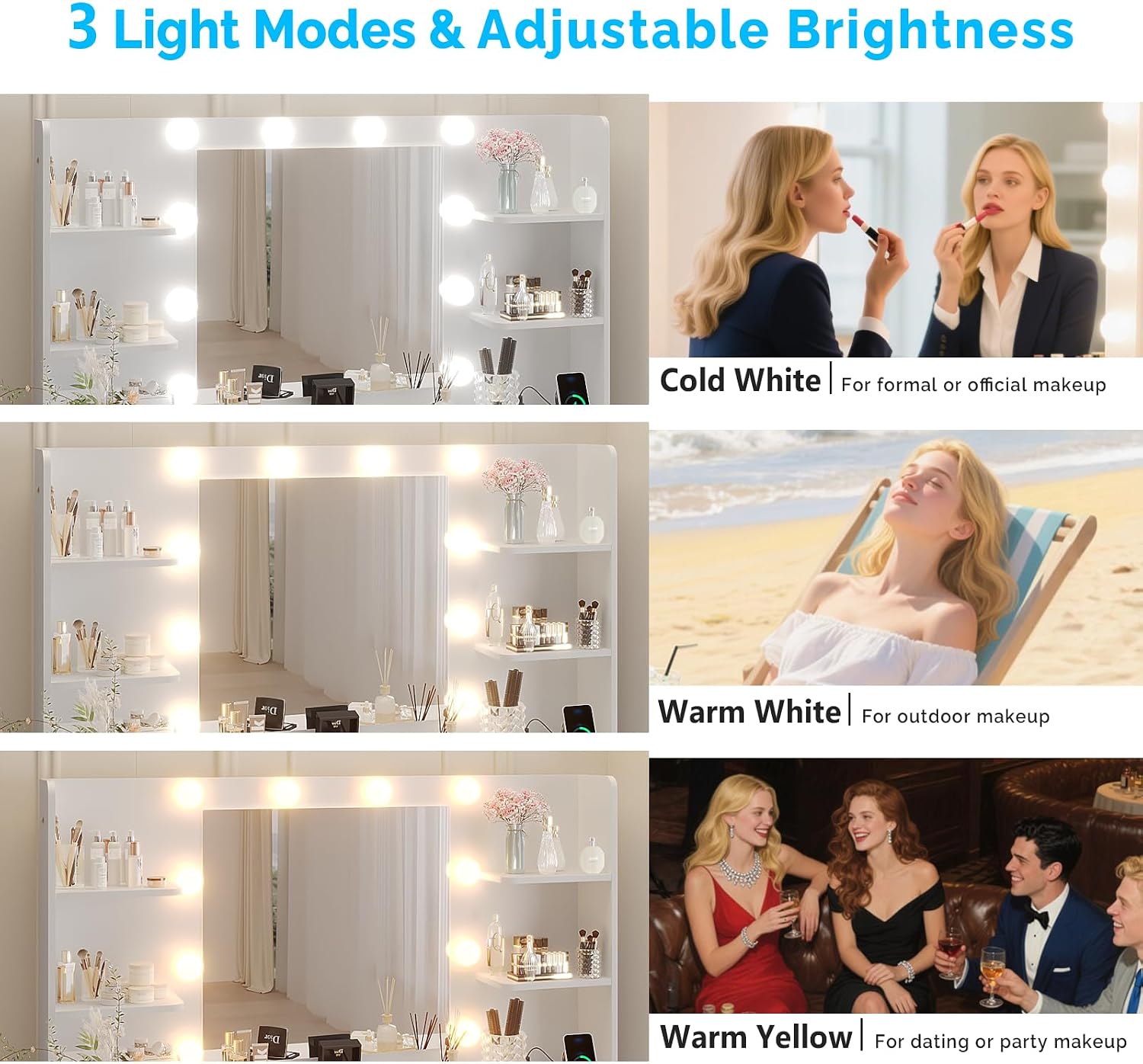Karl home Fluted Vanity Desk with Mirror and Lights in 3 Modes and Charging Station, Makeup Vanity Table Set with 7 Drawers & Storage Shelves, Dressing Table with Chair for Bedroom, White