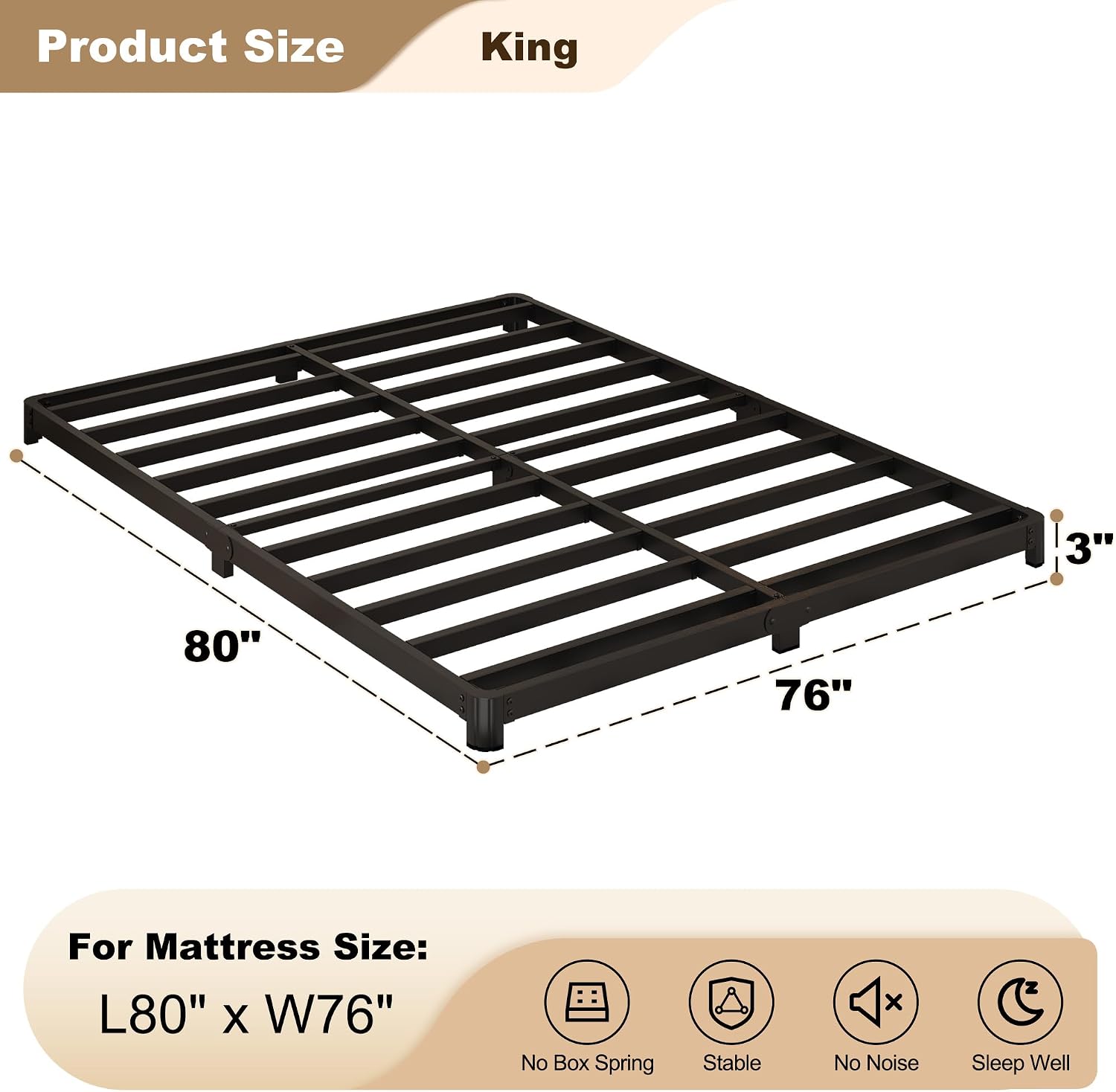 Likelalaso 3 inch Low King Size Bed Frame with Rounded Corner, Heavy Duty Metal, Easy Assembly, Noise Free, Black