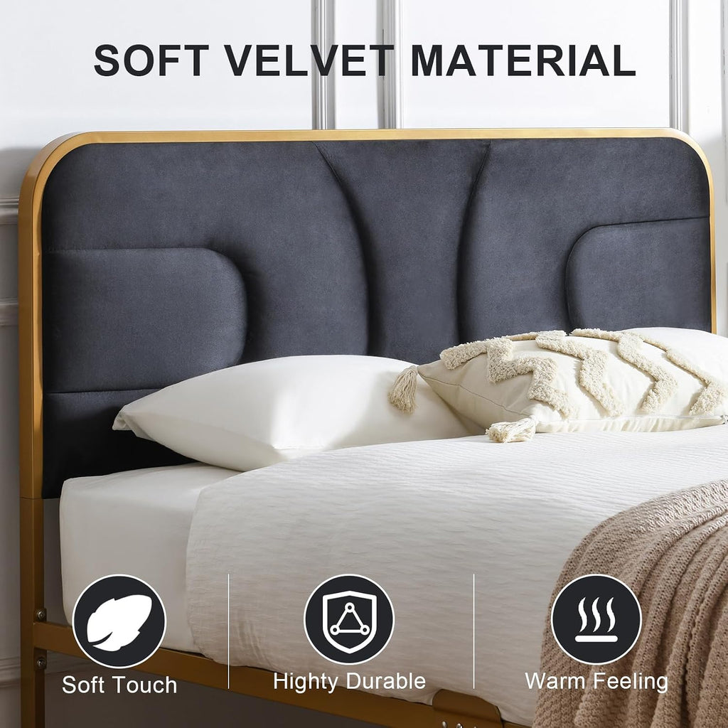 VELOCAVA Rounded Metal Upholstered Bed Queen with Unique Headboard, Soft Velvet Platform Bed Storage Supported by Metal Base and Wooden Slats, No Box Spring Needed,Gold & Black
