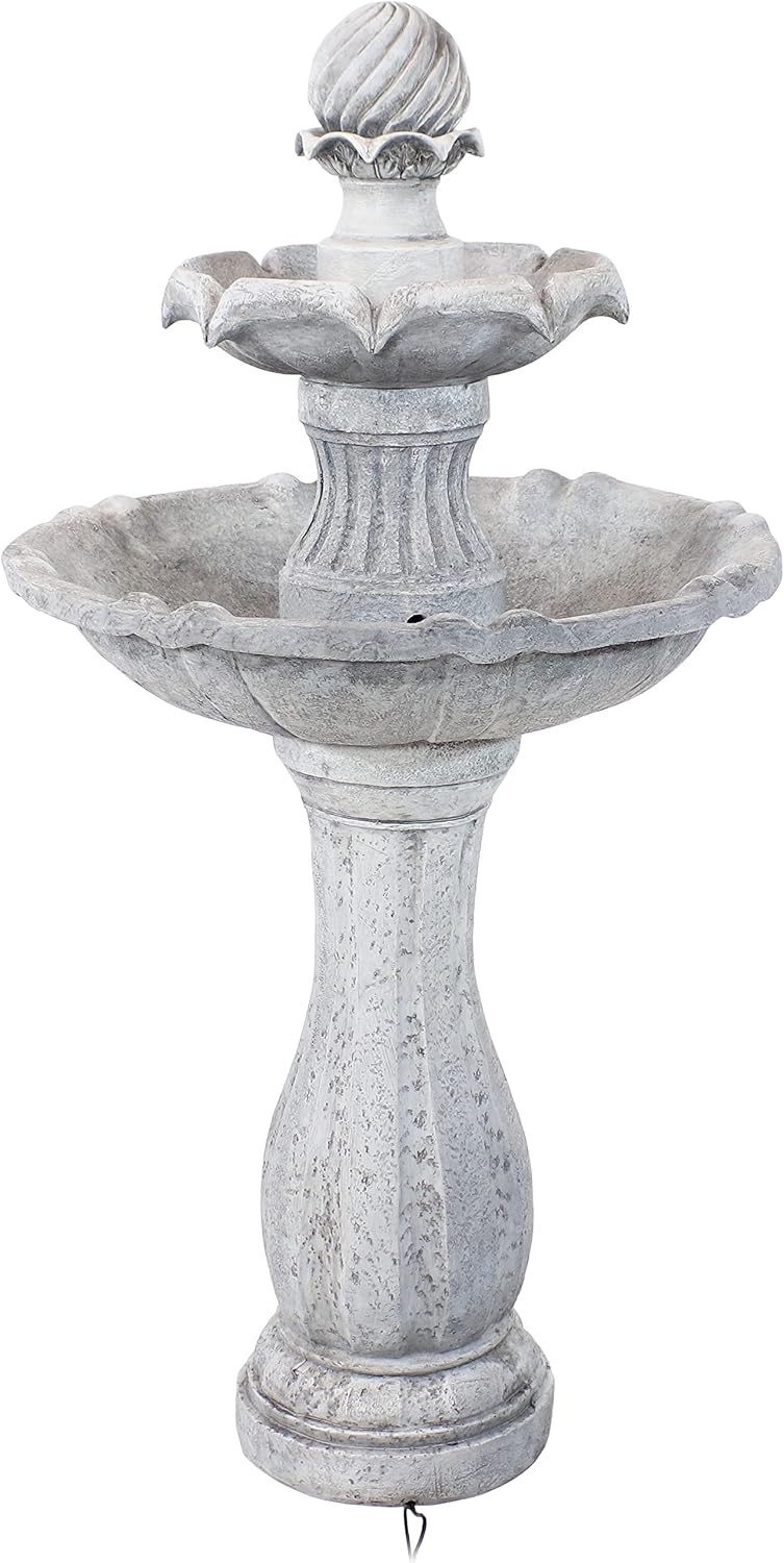 Sunnydaze 45-Inch 2-Tier Arcade Outdoor Solar Water Fountain - Outdoor Water Feature with LED Light for Garden, Patio, Yard or Balcony - White