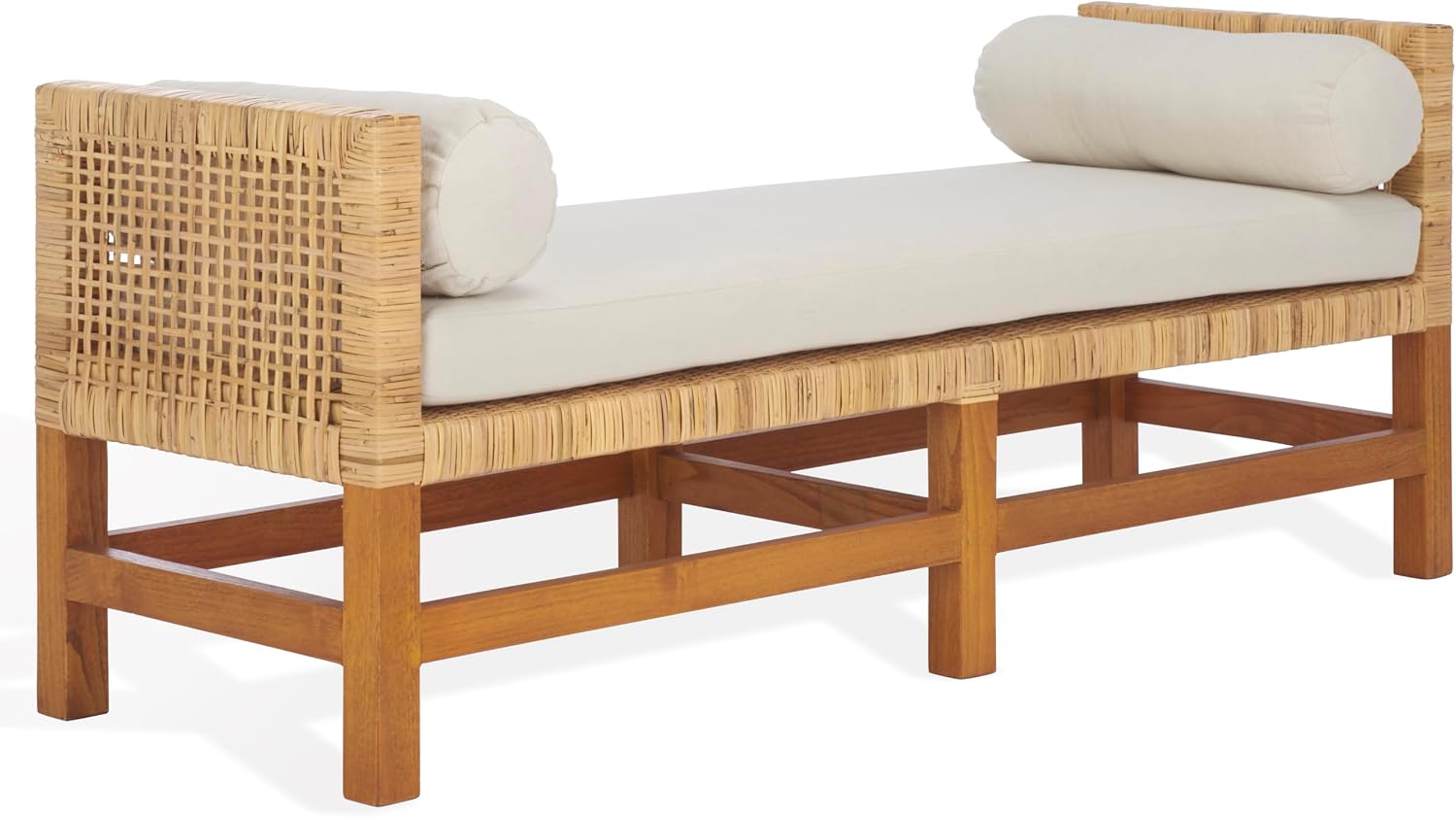 SAFAVIEH Couture Collection - Chrysene Natural Solid Teak Wood Bench, Coastal Modern Style with Cushions, Fully Assembled (CWK3018A)