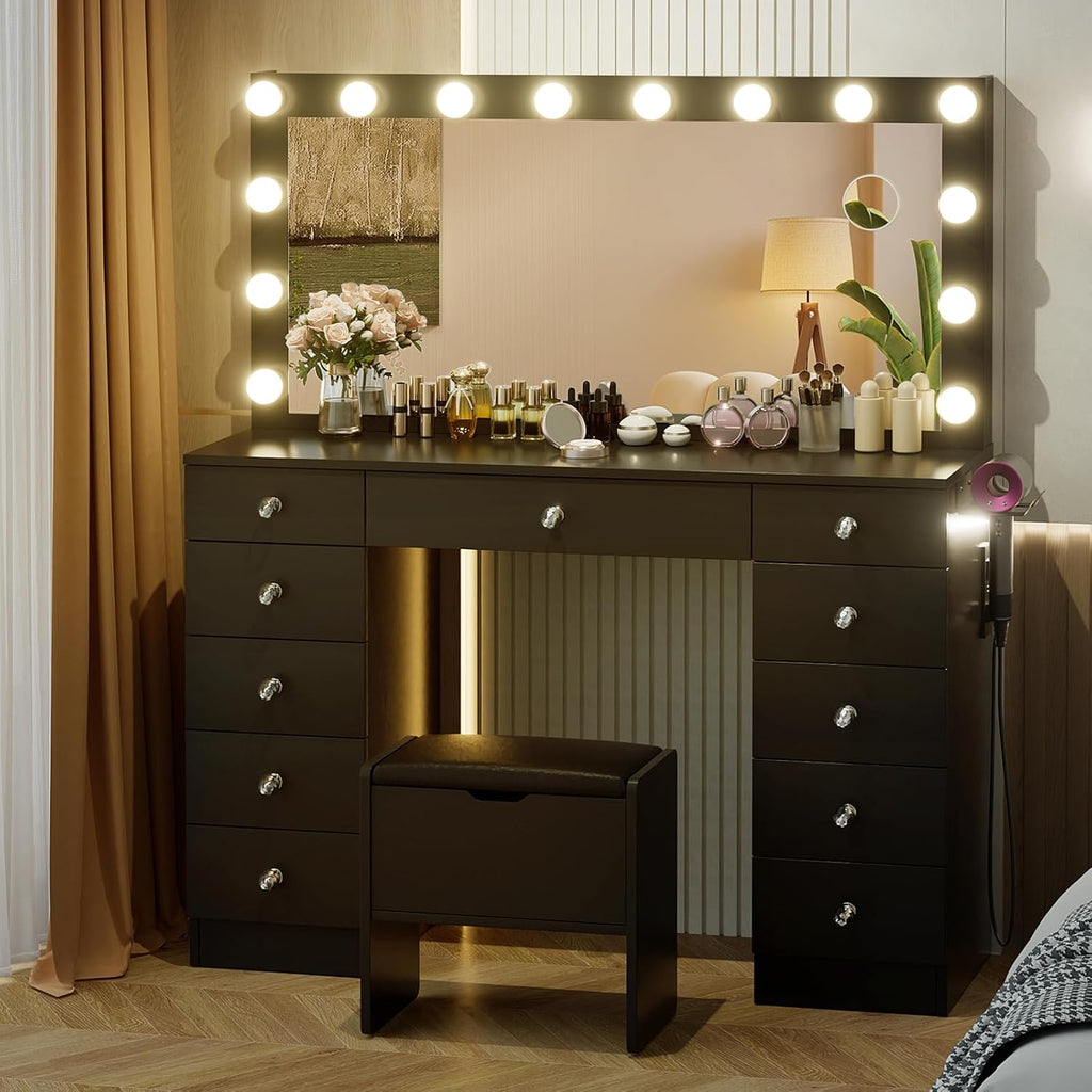VOWNER Vanity with Lighted Mirror - Makeup Vanity Desk with 11 Drawers and Outlet, 3 Color Lighting Modes Adjustable Brightness, 46' Vanity Table with Soft Cushioned Stool for Bedroom, Black