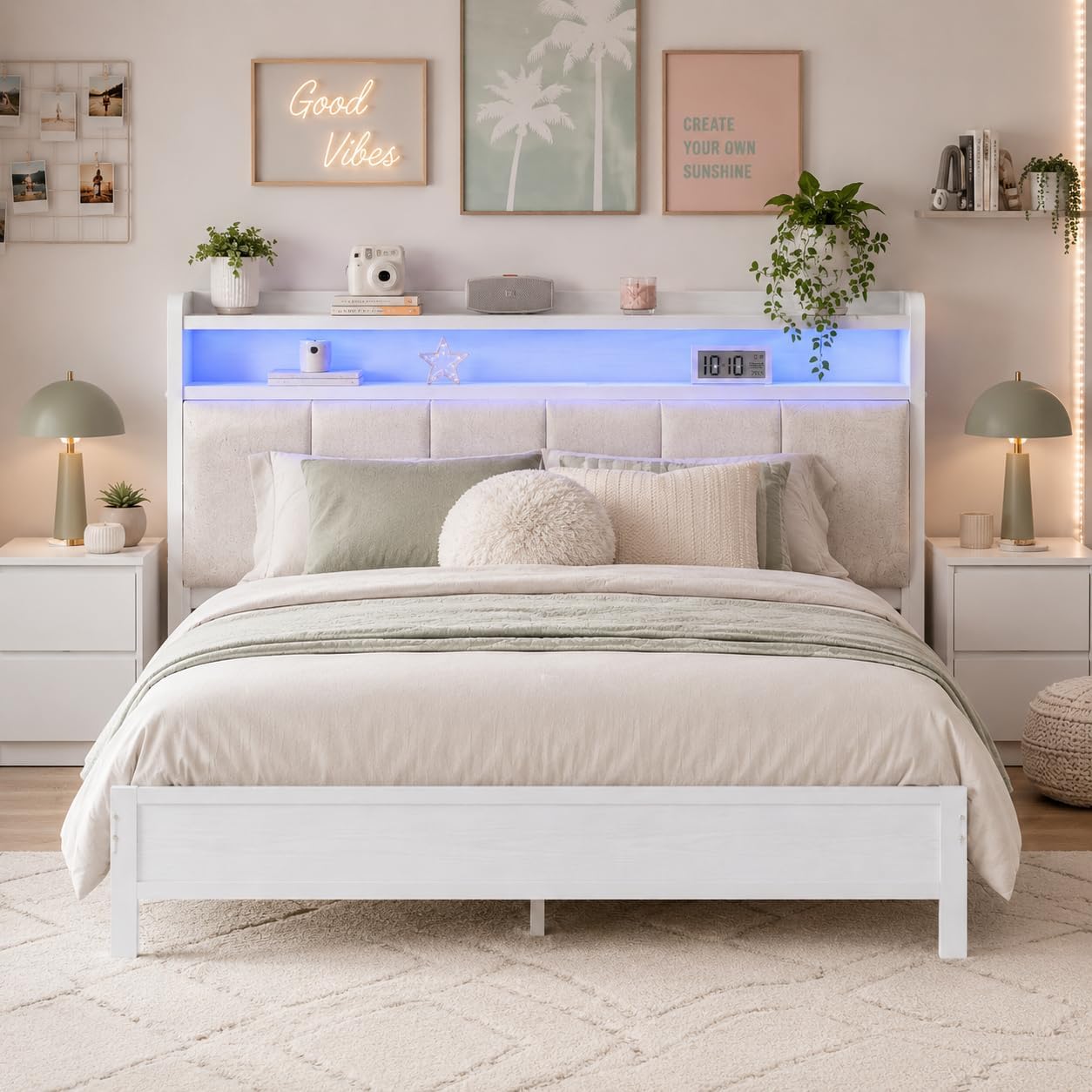 IMMERSTABLE Queen Bed Frames with LED Lights and Charging Station, Metal Platform Queen Size Bed Frame with Upholstered Storage Headboard, Heavy Duty Metal Slat Support, Easy Assembly, White