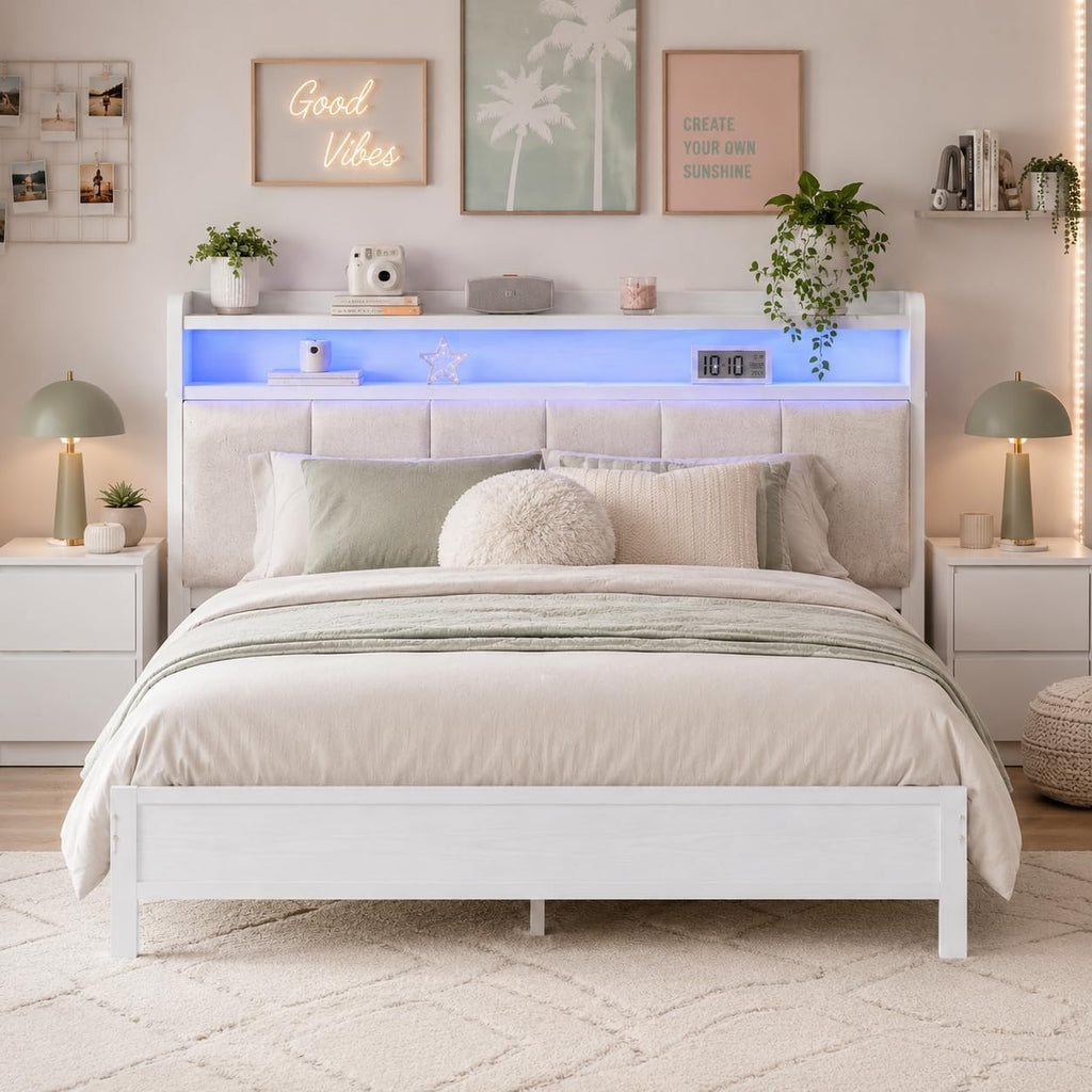 IMMERSTABLE Full Size Bed Frame with LED Lights and Charging Station, Upholstered Storage Headboard, Full Metal Platform Bed Frame with Metal Slats, No Box Spring Needed, Easy Assembly, White
