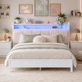 IMMERSTABLE Full Size Bed Frame with LED Lights and Charging Station, Upholstered Storage Headboard, Full Metal Platform Bed Frame with Metal Slats, No Box Spring Needed, Easy Assembly, White