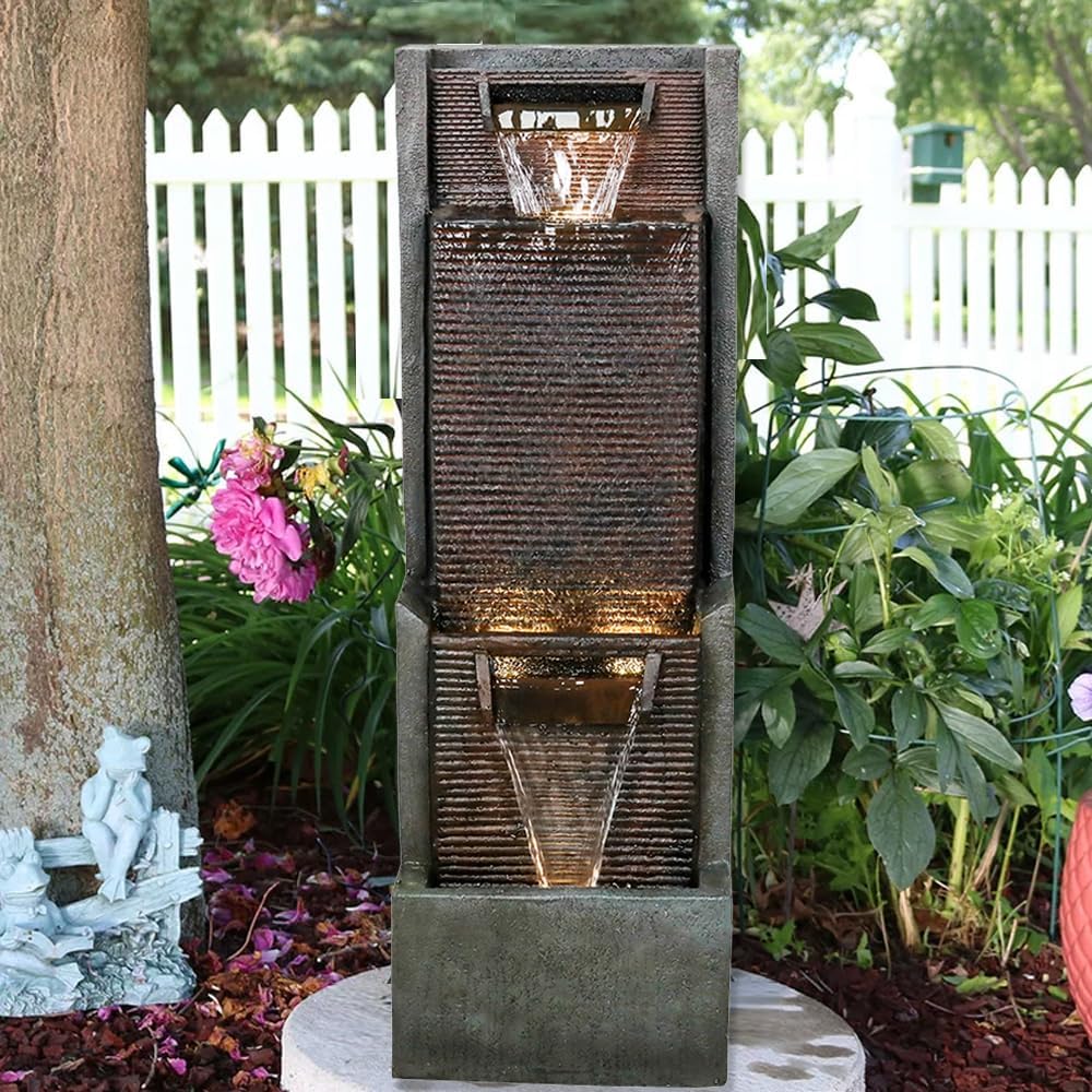 Outdoor Garden Water Fountain with Contemporary Design&LED Light Floor-Standing Water Feature Fountain - Suitable for Deck, Patio, Porch, Yard Decor