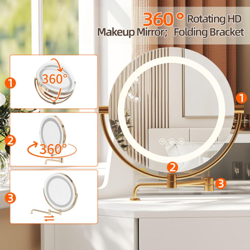 Vanity Desk Modern Corner Makeup with Large Storage LED Mirror Stool Brightness Adjustable Dressing Table for Small Bedroom