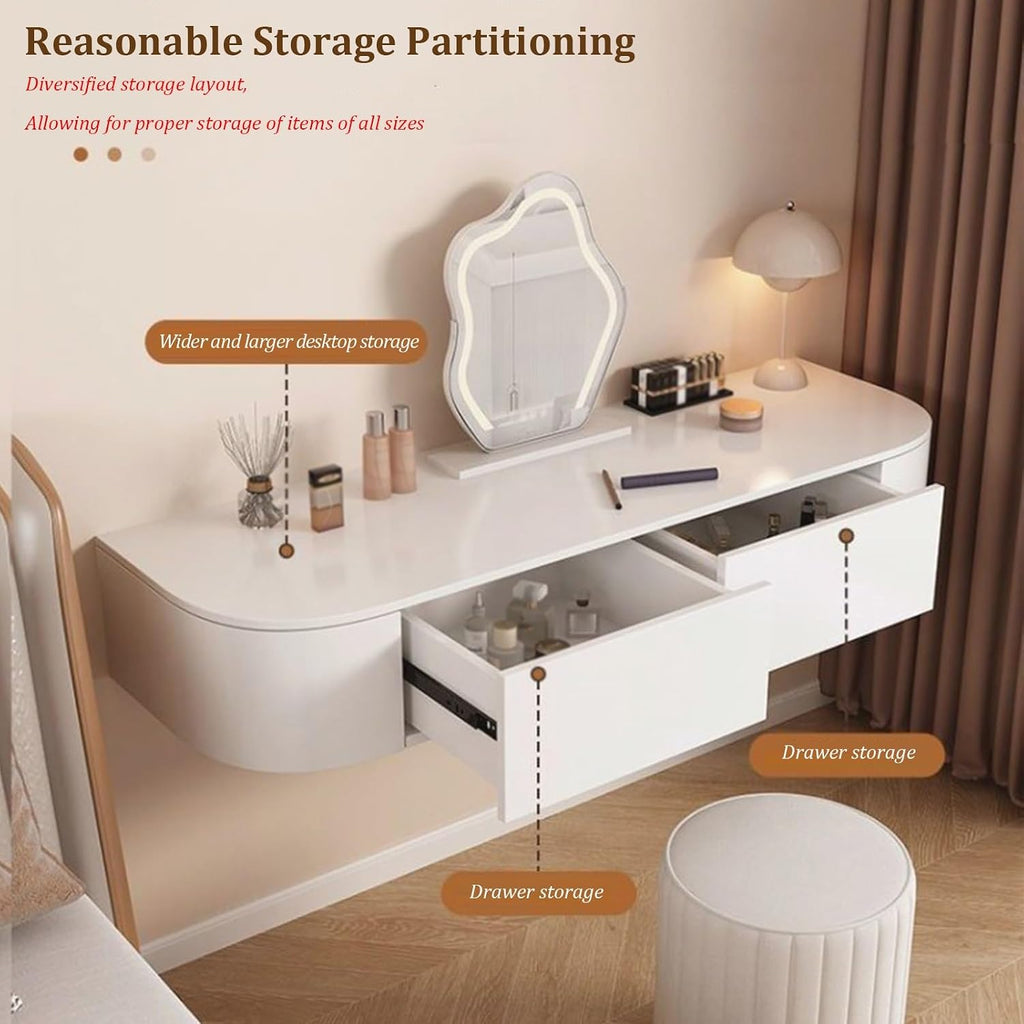 Floating Wall-Mounted Vanity Desk, White Corner Makeup Vanity with Storage, Fully Assembled Space-Saving Dressing Table for Bedroom, Versatile as Desk or Nightstand(Left-Mount)