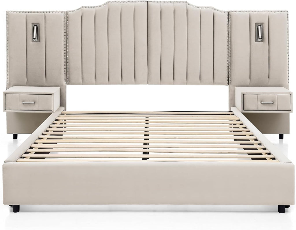 Velvet Upholstered Queen Size Platform Bed Frame with 48' Tall Headboard, Built-in Nightstands & Storage Drawers, No Box Spring Needed, Modern Beige Bedroom Furniture Set