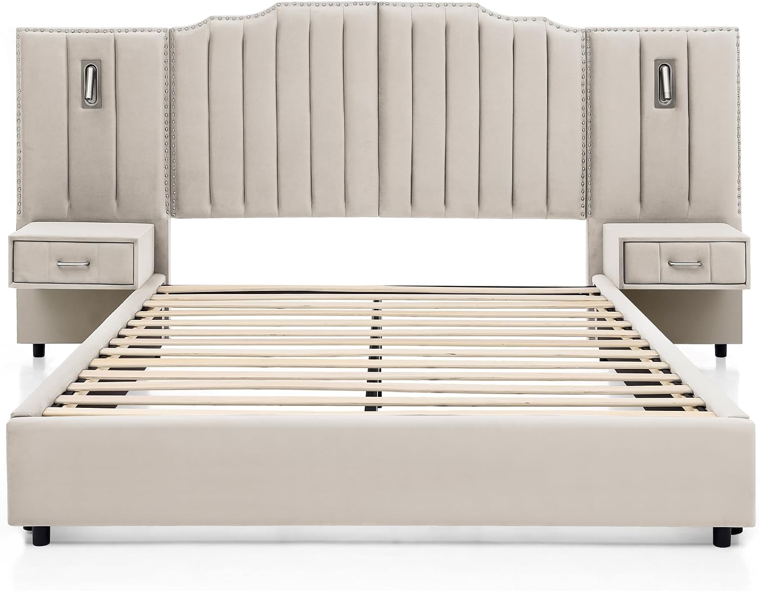 Velvet Upholstered Queen Size Platform Bed Frame with 48' Tall Headboard, Built-in Nightstands & Storage Drawers, No Box Spring Needed, Modern Beige Bedroom Furniture Set