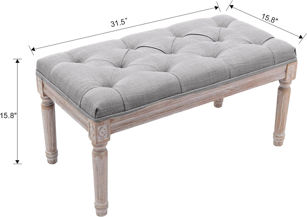 Ottoman Bench Upholstered Fabric Rectangle Entryway Bench, Tufted Piano Bench for 2 People, Rubber Wood Legs with Beautiful Carved Pattern for Bedroom/Living Room/Dining Room (Grey)