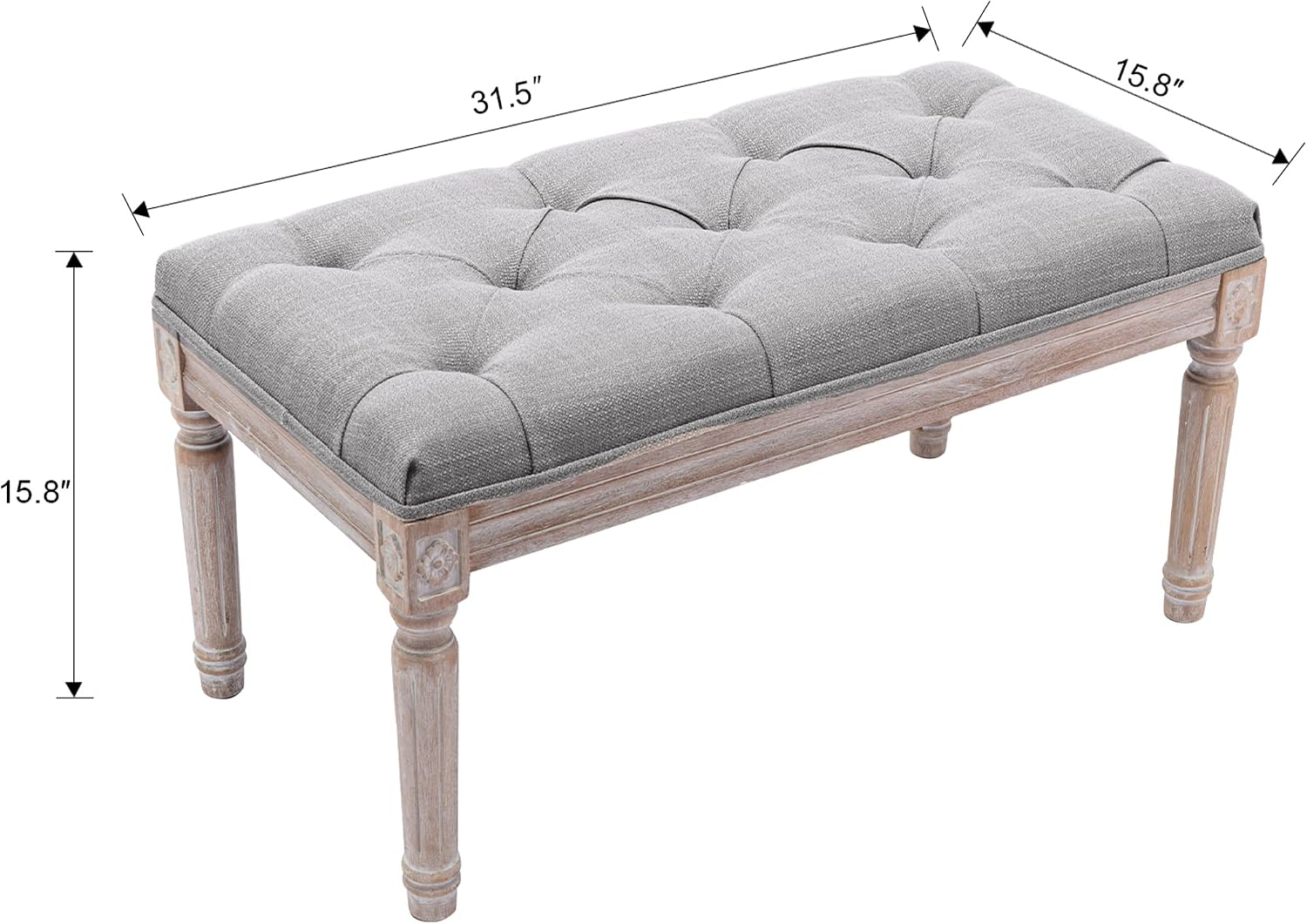 Ottoman Bench Upholstered Fabric Rectangle Entryway Bench, Tufted Piano Bench for 2 People, Rubber Wood Legs with Beautiful Carved Pattern for Bedroom/Living Room/Dining Room (Grey)