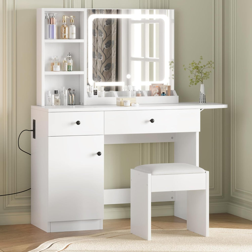 GarveeHome Makeup Vanity Desk with Mirror and Lights, Vanity Table Set with Drawer & Power Outlet & Chair & 3 Shelves, Bedroom, White