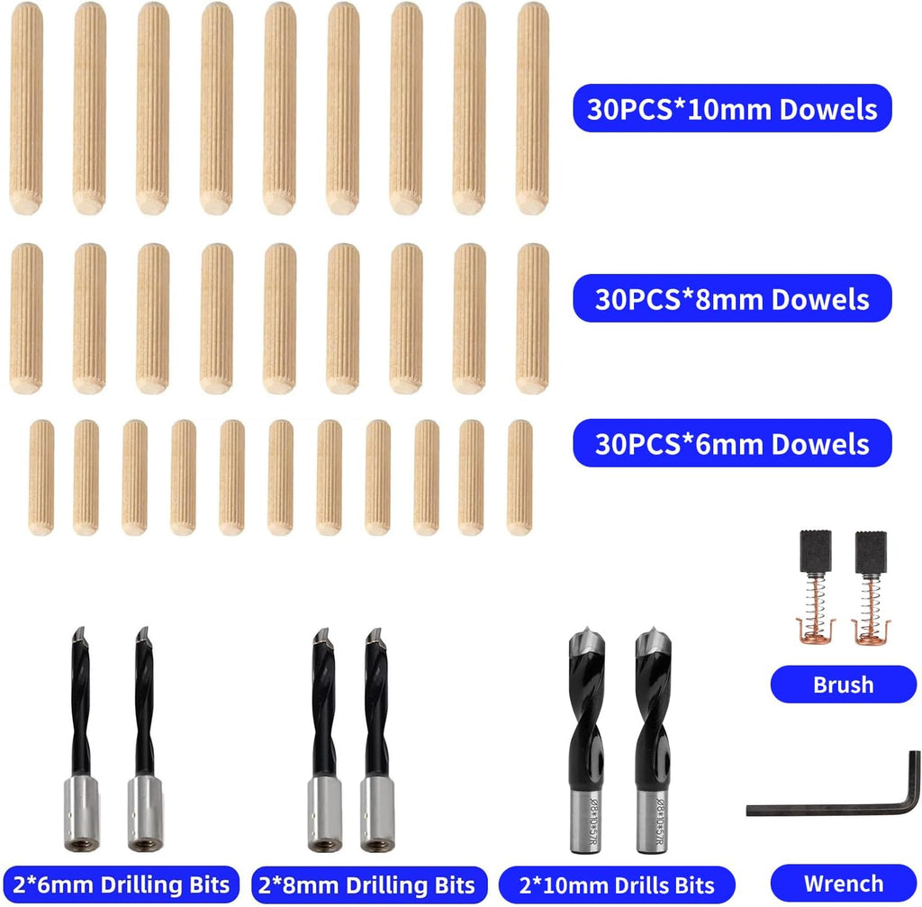 Dual-Spindle Doweling Jointer DJ710, 710W 120V 60Hz, Wood Plate Dowel Joiner, 2X10mm, 2X8mm and 2X6mm Drilling Bits, 90 Dowels