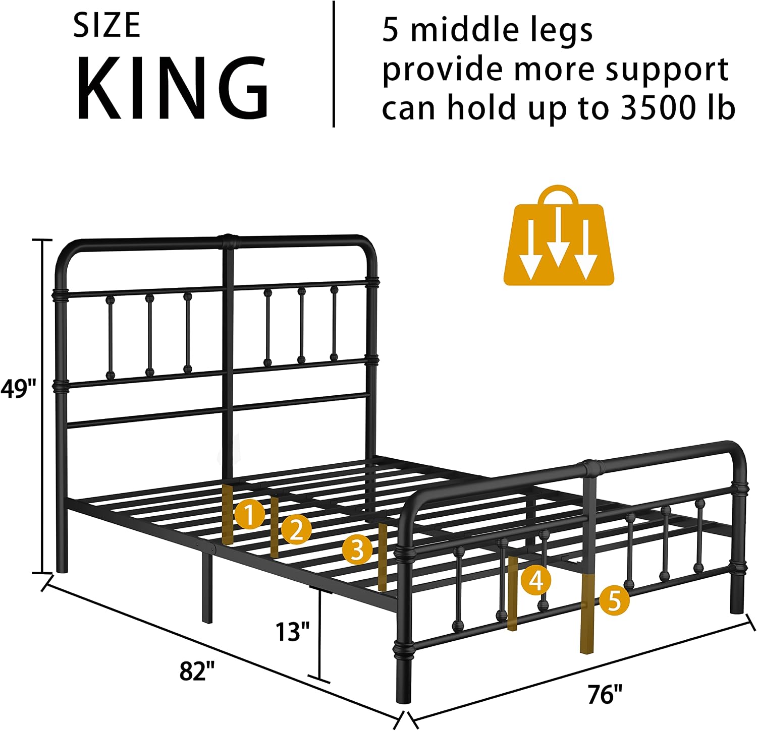 King-Bed-Frame-Metal-Platform Bed Frame with 49' High-Headboard - Solid Quite Easy Set Up Mattress Foundation No Box Spring Needed