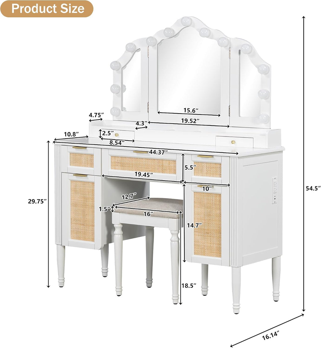 JIJIWANG 44.37' Makeup Vanity Desk with 13 Hollywood Bulbs and 3 Lighting Modes, Dressing Table with Tri-Fold Mirror, Large Vanity Table with 5 Drawers and Shelves and 2 Cabinets for Bedroom, White