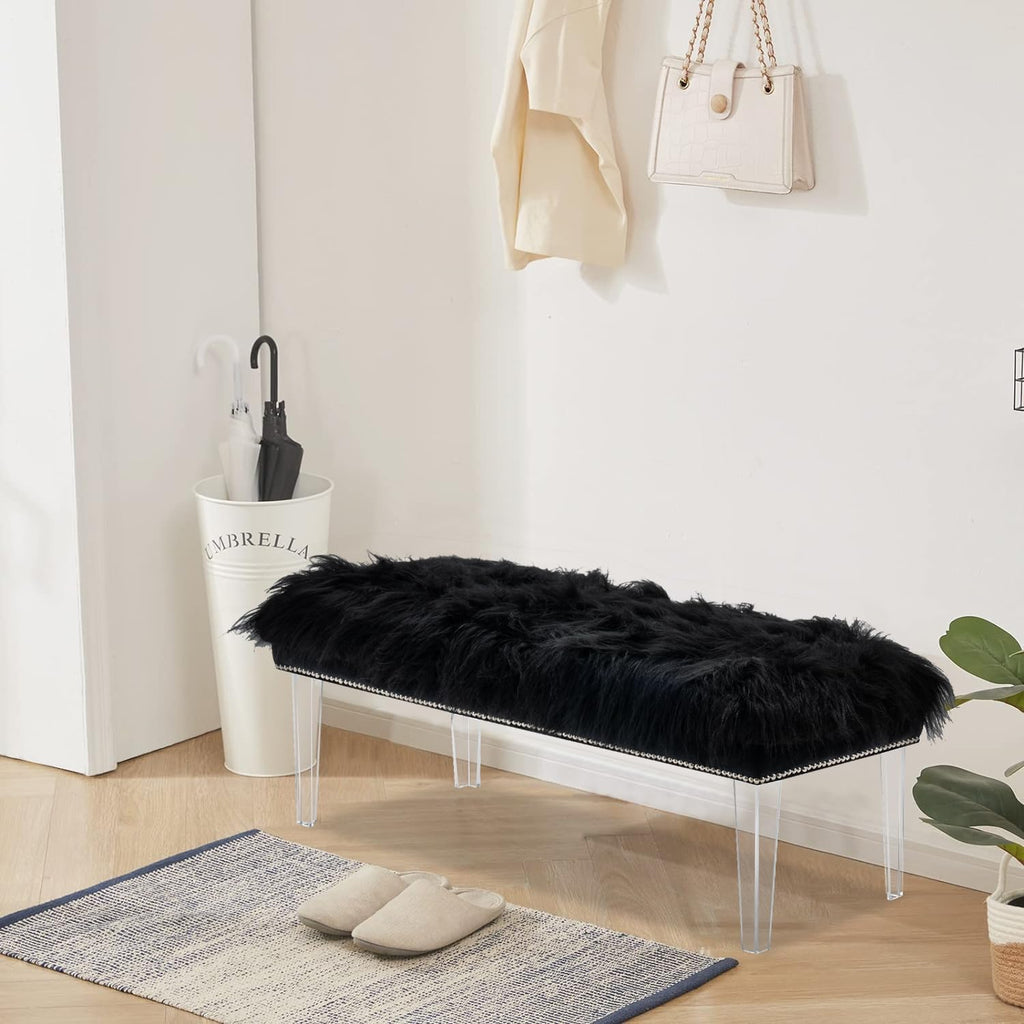 46 Inch Black Bedroom Bench, Benches for Bedroom White Faux Fur Upholstered Bed end Bench, Tufting Bench Indoor Bench with Acrylic Legs for Living Room Bedroom Dining Room Entryway