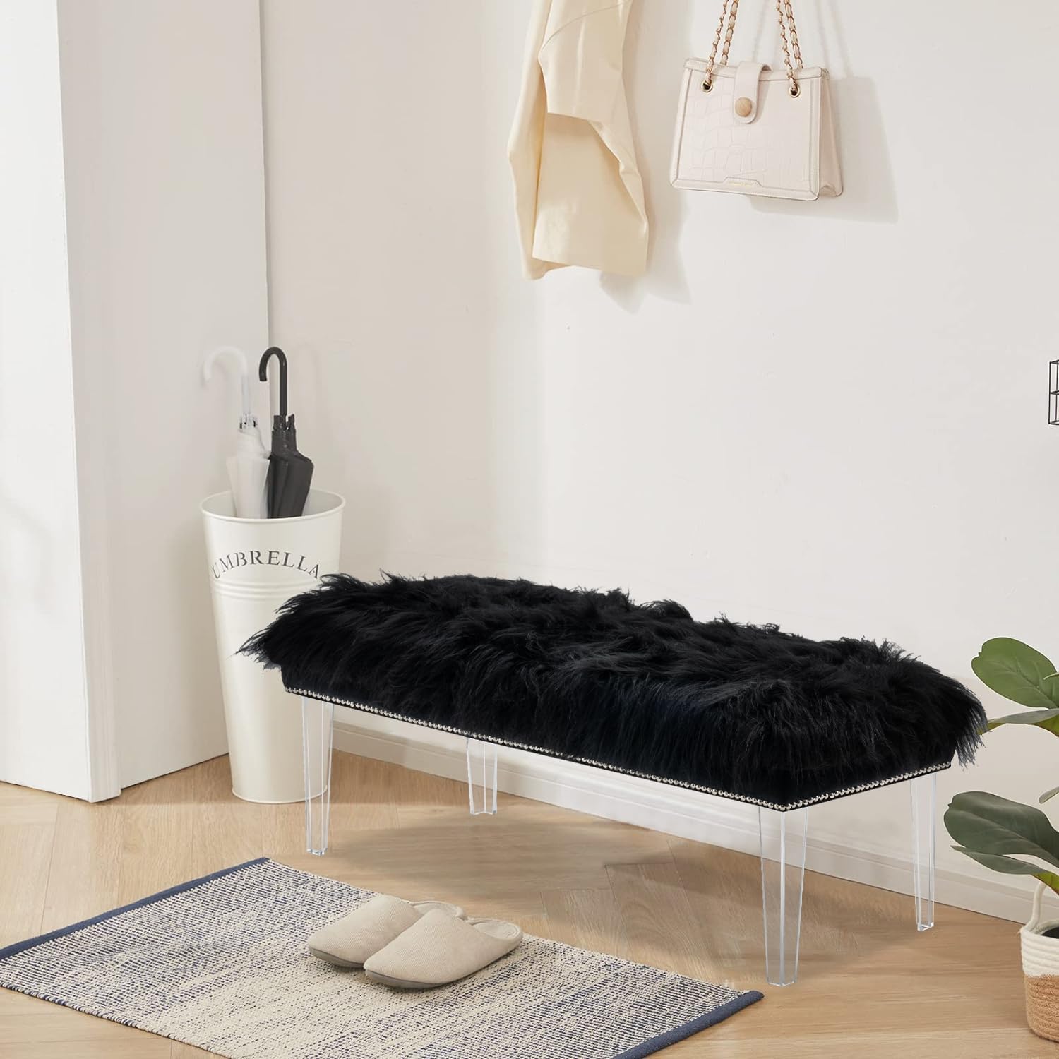 46 Inch Black Bedroom Bench, Benches for Bedroom White Faux Fur Upholstered Bed end Bench, Tufting Bench Indoor Bench with Acrylic Legs for Living Room Bedroom Dining Room Entryway