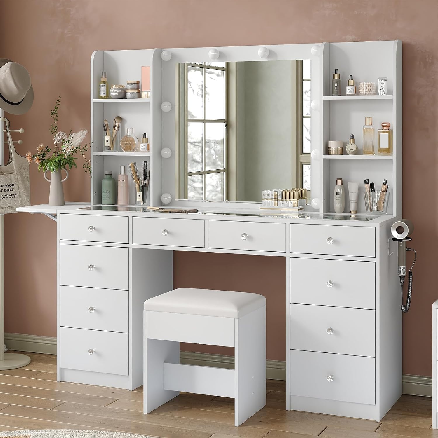FUSOU Vanity Desk with Power Outlet, 10 Drawers Makeup Vanity with Mirror and Lights, 3 Colors Adjustable, Fold-up Panel, Glass Top Vanity Set for Bedroom
