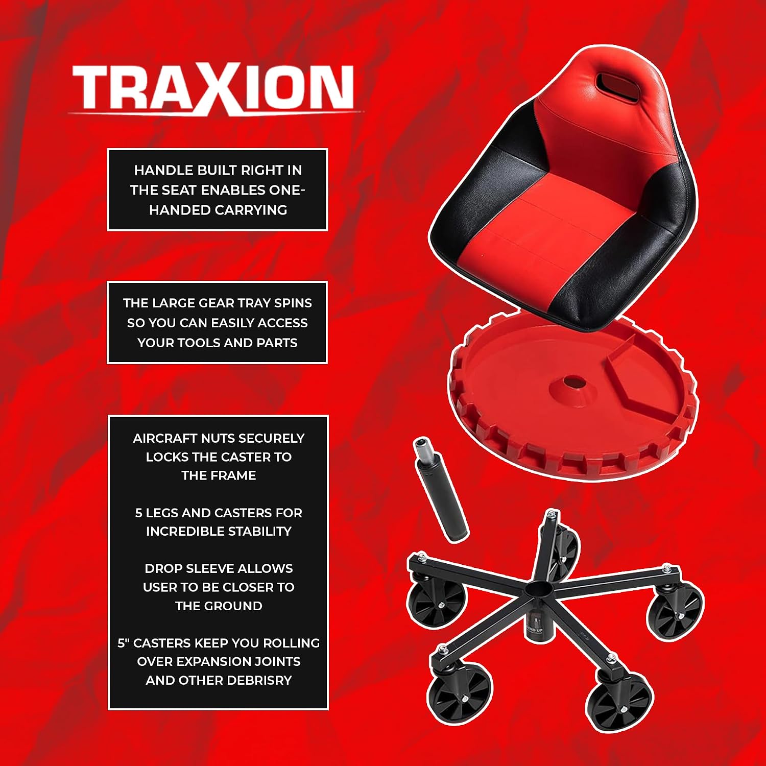 Traxion 2-700 ProGear Mobile Rolling Gear Seat W/Equipment Tray and Five All-Terrain 5' Casters