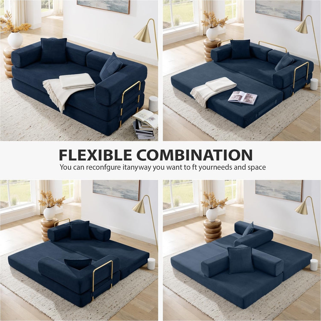 4-in-1 Folding Convertible Sofa Bed, 78 Inch Boneless Couch with Fixed-Shape Frame, Corduroy Loveseat Sleeper with Pull Out Bed, Floor Sofa Modular Futon Couch for Living Room Bedroom Lounge (Blue)