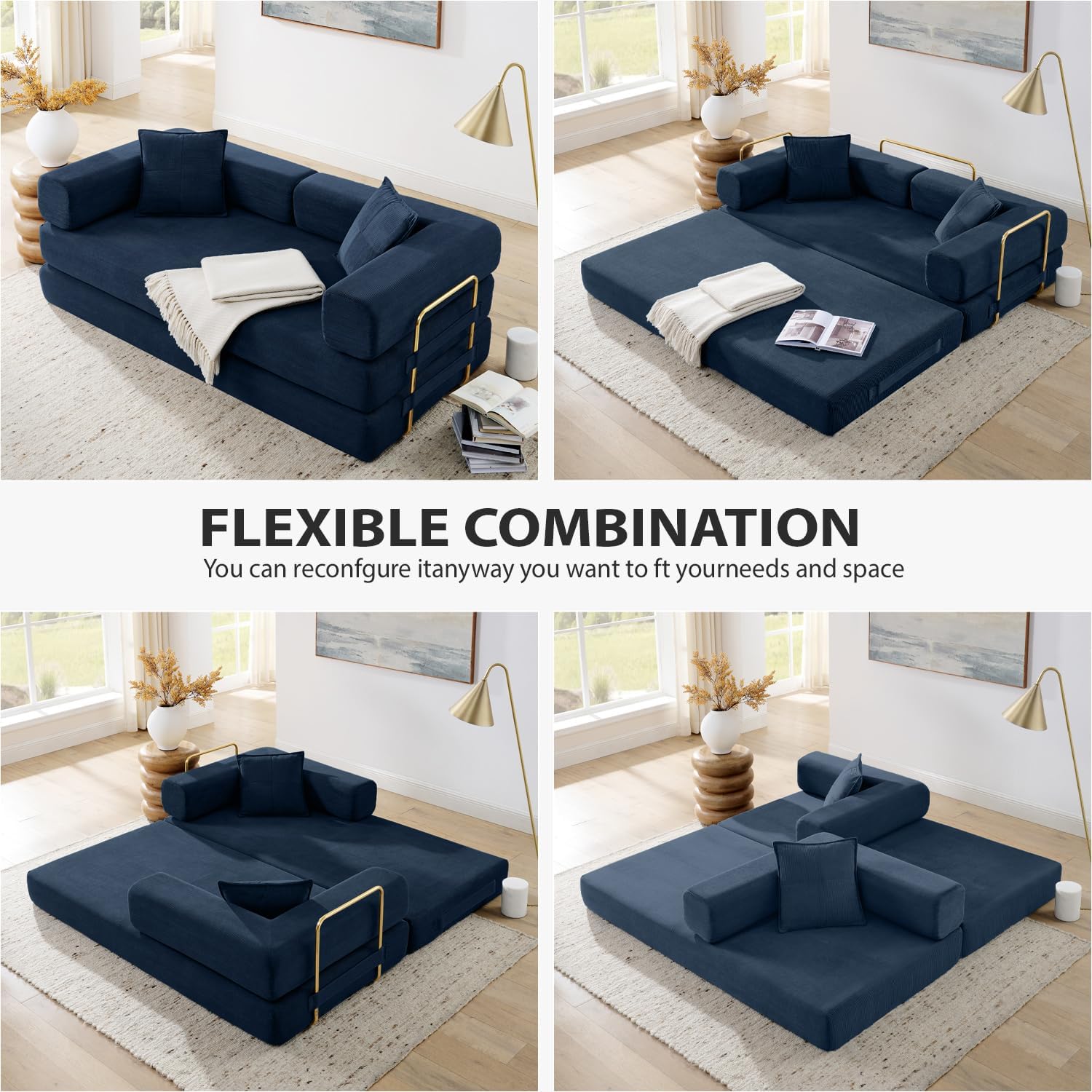 4-in-1 Folding Convertible Sofa Bed, 78 Inch Boneless Couch with Fixed-Shape Frame, Corduroy Loveseat Sleeper with Pull Out Bed, Floor Sofa Modular Futon Couch for Living Room Bedroom Lounge (Blue)