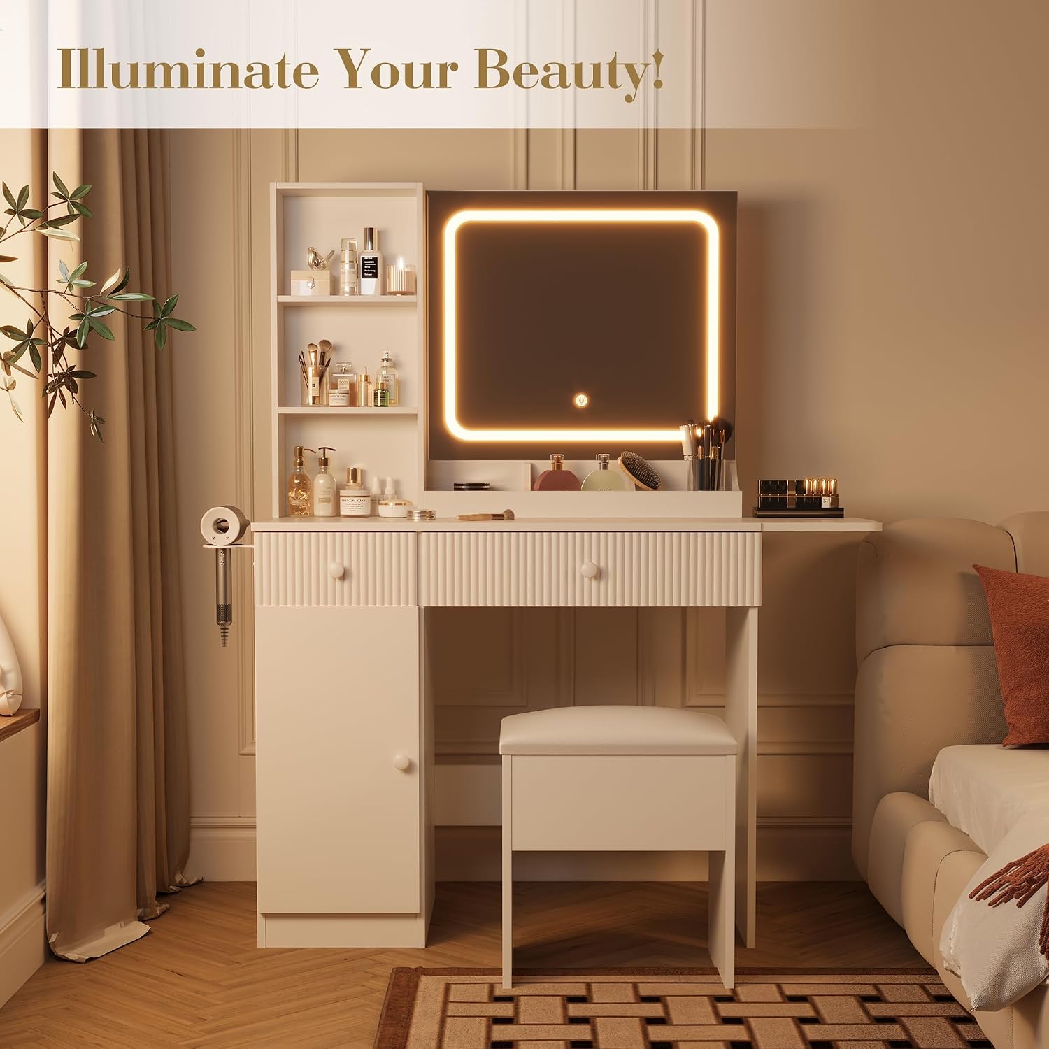 GarveeHome Makeup Vanity with Lighted Mirror, Vanity Desk Foldable Desktop, Power Strip, Adjustable Lighting, Drawers and Cushioned Stool, Dressing Table for Bedroom, White