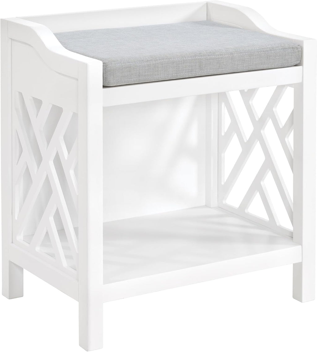 Coventry Bench with Cushion - Pine Wood Bench for Entryway or Bathroom Storage - Use as Shoe Rack, Vanity Chair and More (White)