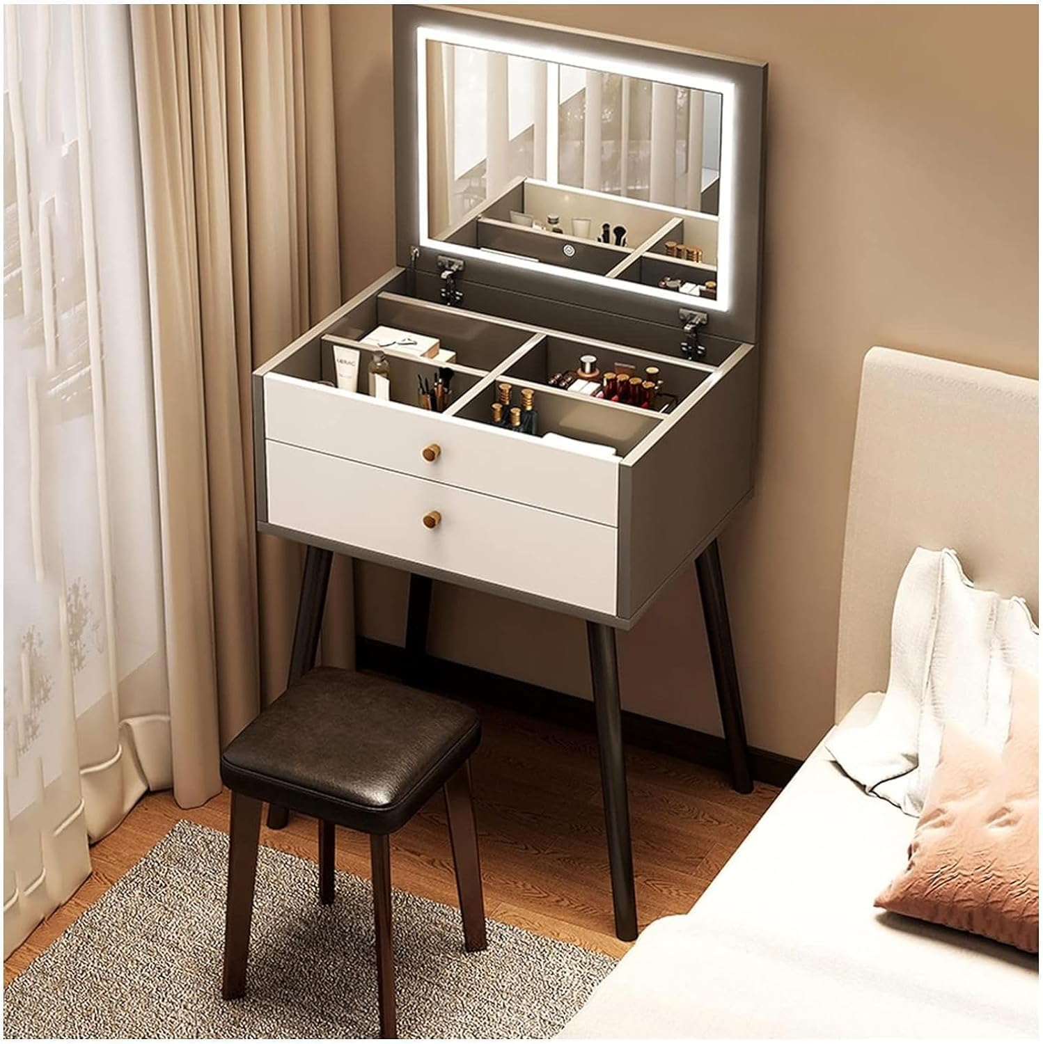 Rieort Vanity Desk MDF Vanity Table Set with Flip Top Lighted Mirror Makeup Table Cushioned Stool Home Nightstand Vanity Benches