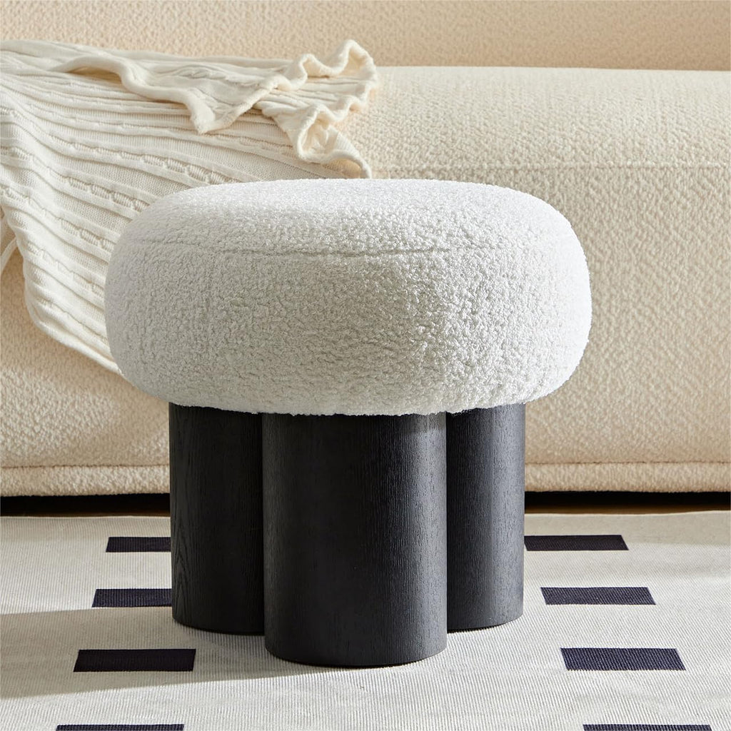 Living Room Ottoman Foot Stool, 17' Round Mid Century Modern Ottoman with Bouclé Teddy Fabric & Solid Wood Legs, Entryway Foot Rest for Couch, Vanity Seat, Bedroom Bench (Black& White)