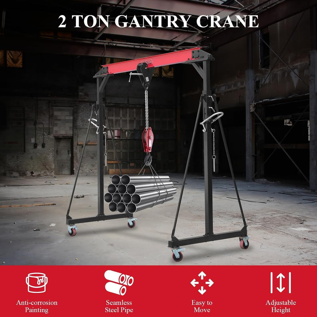 4400LBS Adjustable Gantry Crane Portable Shop Hoist with 360° Locking Wheels Height Adjustable from 96.5 to 143.7 Inches for Workshop Garage Factory Heavy Duty Lifting Equipment