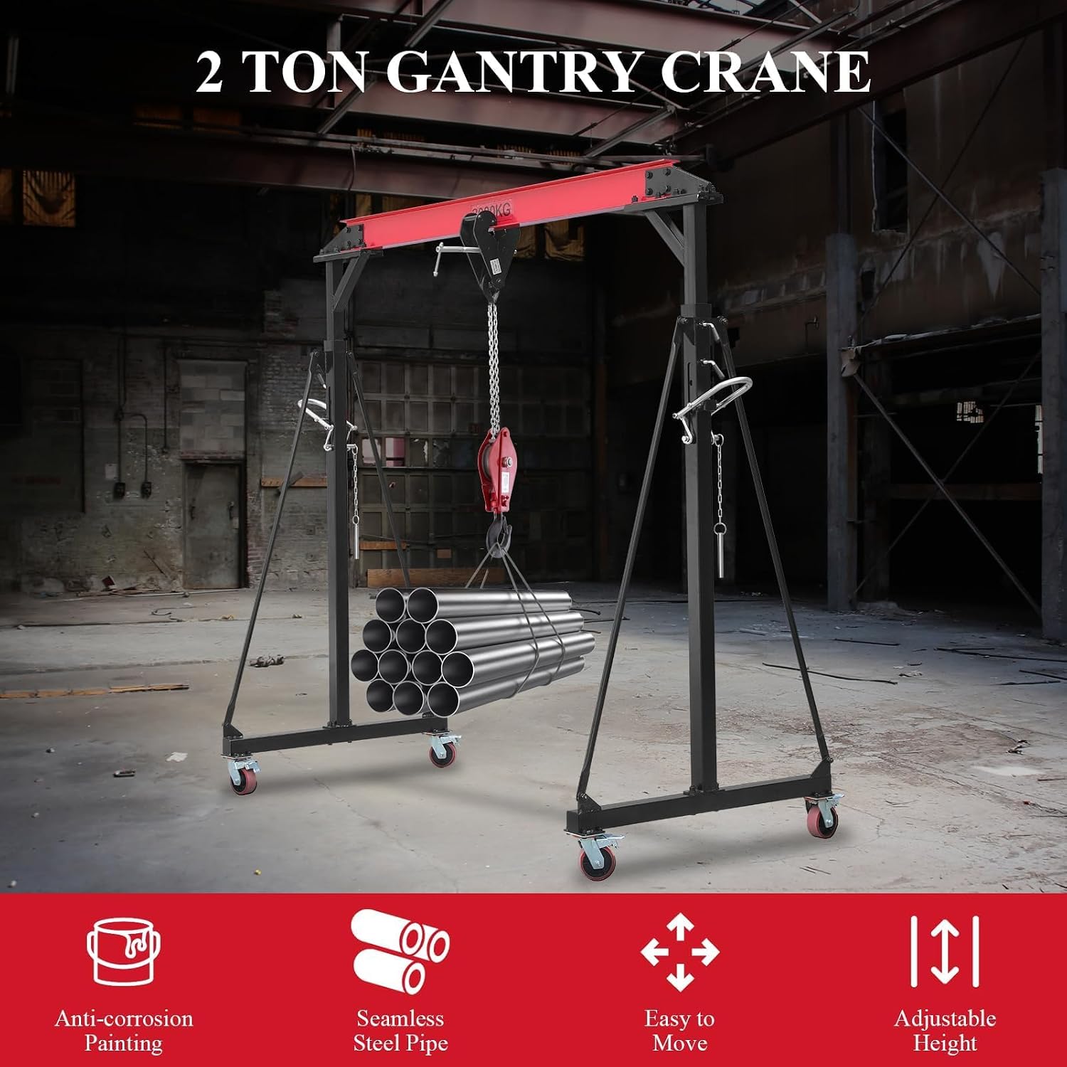 4400LBS Adjustable Gantry Crane Portable Shop Hoist with 360° Locking Wheels Height Adjustable from 96.5 to 143.7 Inches for Workshop Garage Factory Heavy Duty Lifting Equipment