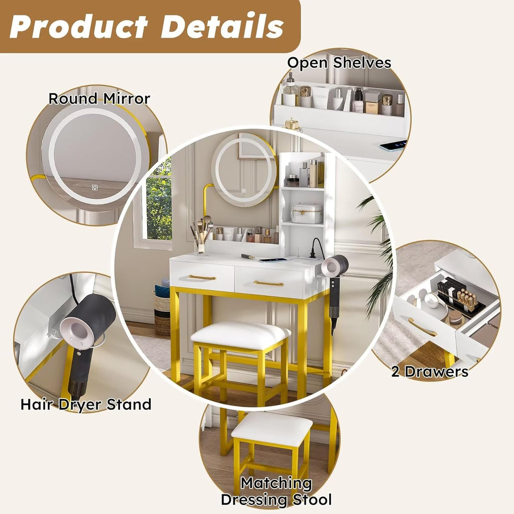 Makeup Vanity with LED Lights&3 Color and Power Outlet Makeup Vanity Table with 2 Big Drawers with Sturdy Metal Leg and Metal Chair Dressing Table for Bedroom Dressing Room