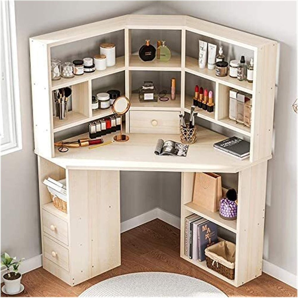 Luxury Dressing Vanity Table w/Stool for Bedroom, Corner Vanity Table, Solid Wood Dressing Table, Large Storage Organizer and Open Compartment, with Shelf Holder(D)