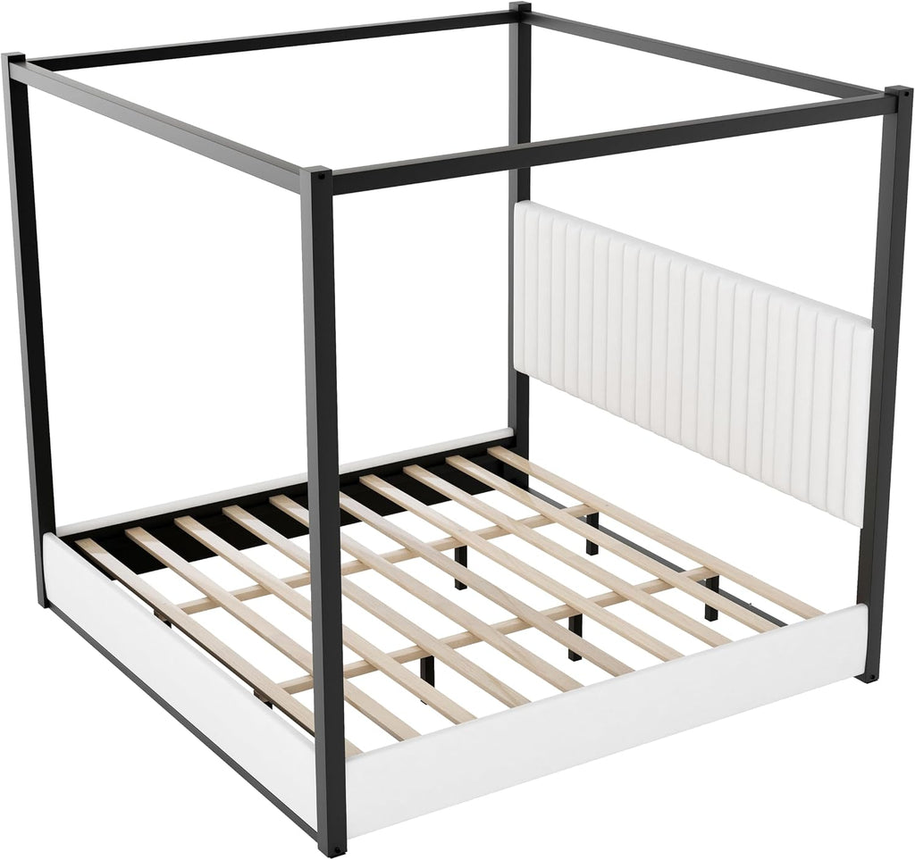 LUMISOL King Size Metal Canopy Bed Frame, 4 Poster Bed with Tall Upholstered Headboard, Velvet Upholstered Canopy Platform Bed, No Box Spring Needed, Black + White