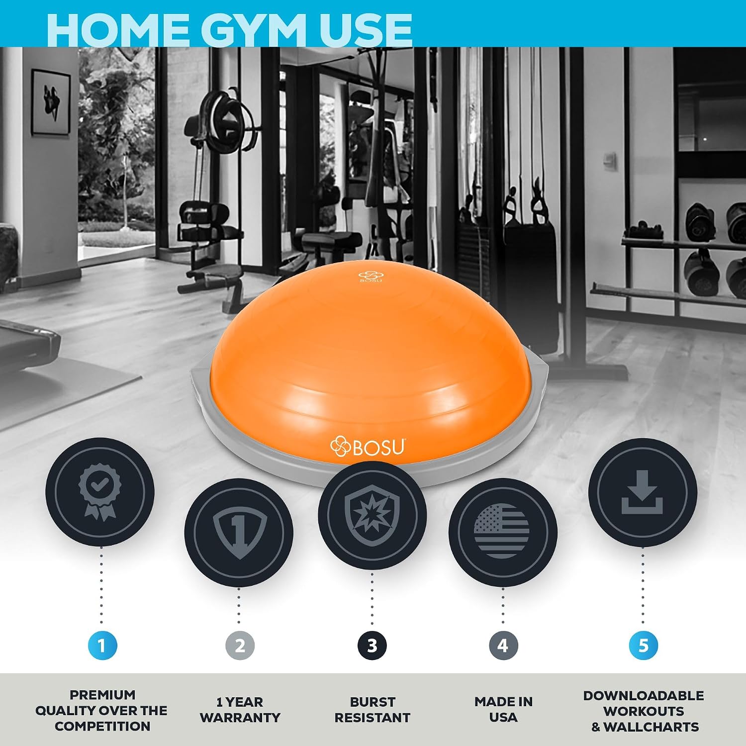 Bosu Balance Ball Exercise Trainer, Home Gym Equipment w/Guided Workouts & Pump, 26' Inflatable Fitness Platform for Strength Training, Standing, Balancing, and Core Workout