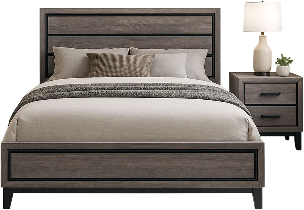 Kings Brand Furniture 2-Piece Deep Gray Finish with Tapered Legs & Matte Black Hardware Bedroom Set – Elegant Bedroom Furniture Wood Bed Frame with 1 Nightstand (Queen)