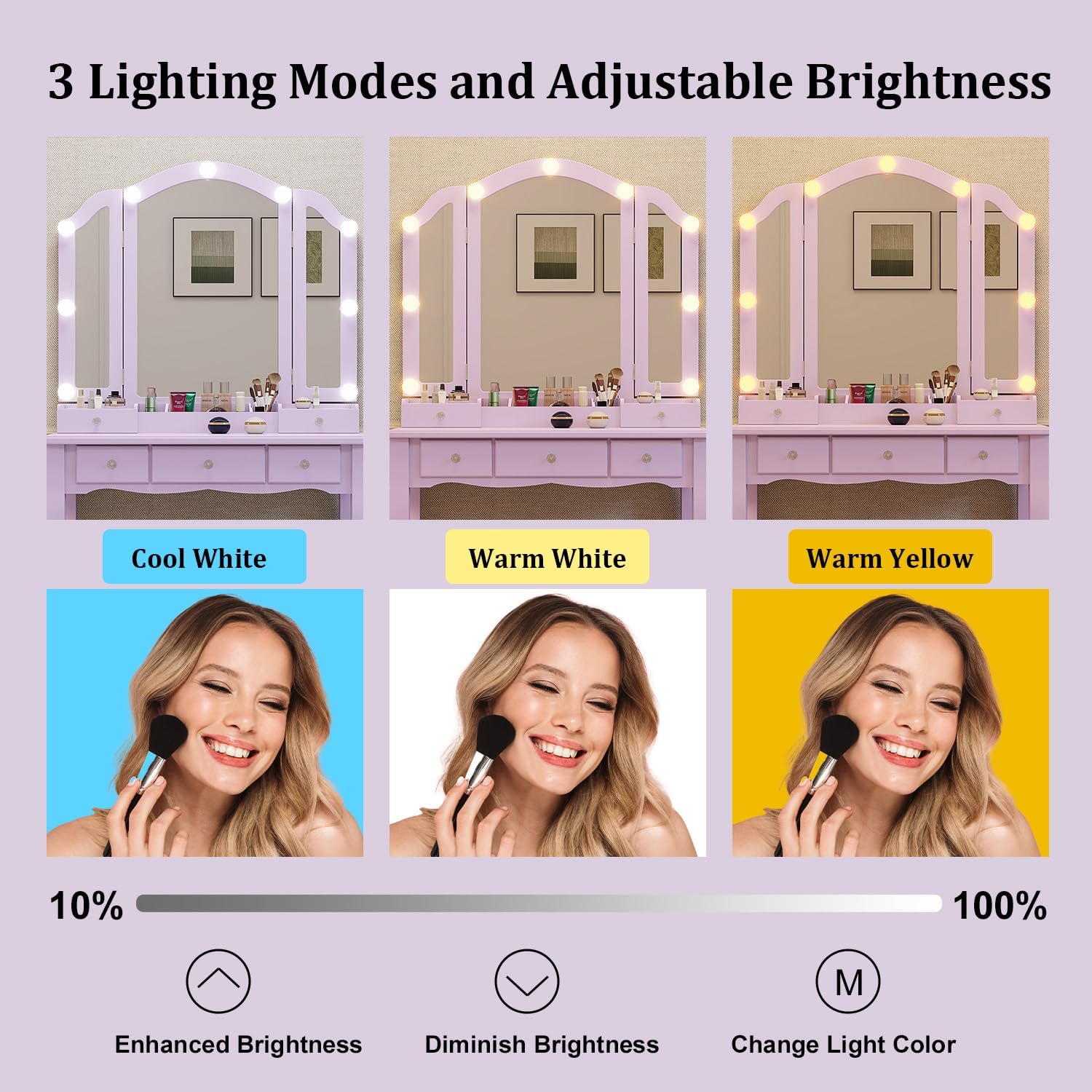 YIXHQ Purple Vanity Makeup Vanity Desk with Lights Vanity for Teen Girls Vanity Set for Teenager Vanity Table with Mirror for Bedroom Vanity Mirror with Lights Girls Desk and Chair