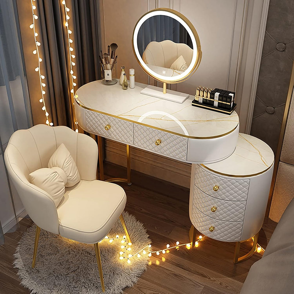 Corner Makeup Table Set Makeup, Women Dresser Table Vanity with 5-6 Drawers, Vanity Dressing Table with 360° Rotating Mirror, Makeup Vanity Benches Vanity Desk ，100cm White Petal Chair