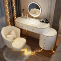 Corner Makeup Table Set Makeup, Women Dresser Table Vanity with 5-6 Drawers, Vanity Dressing Table with 360° Rotating Mirror, Makeup Vanity Benches Vanity Desk ，100cm White Petal Chair